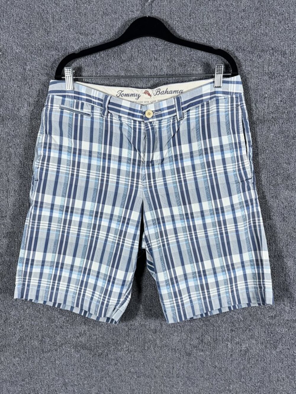 Tommy Bahama Shorts Mens 34 Blue Gray Plaid Cotton Chino Casual Summer Golf